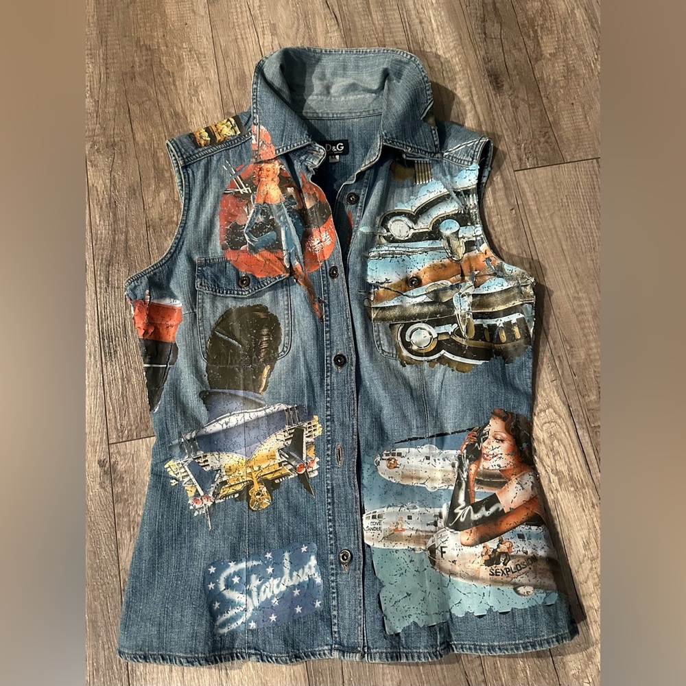 D&G Blue Denim Vest with Colorful Graphic Art